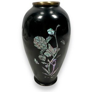 Vintage Asian Vase Enamel Over Brass with Mother of Pearl Inlay Flower Floral 6"